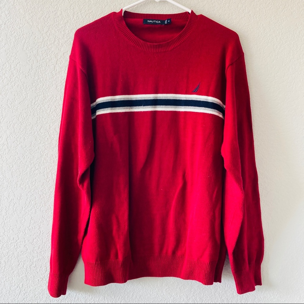 Vintage Nautica 90s Red Striped Cotton Crewneck Sweater Men’s M